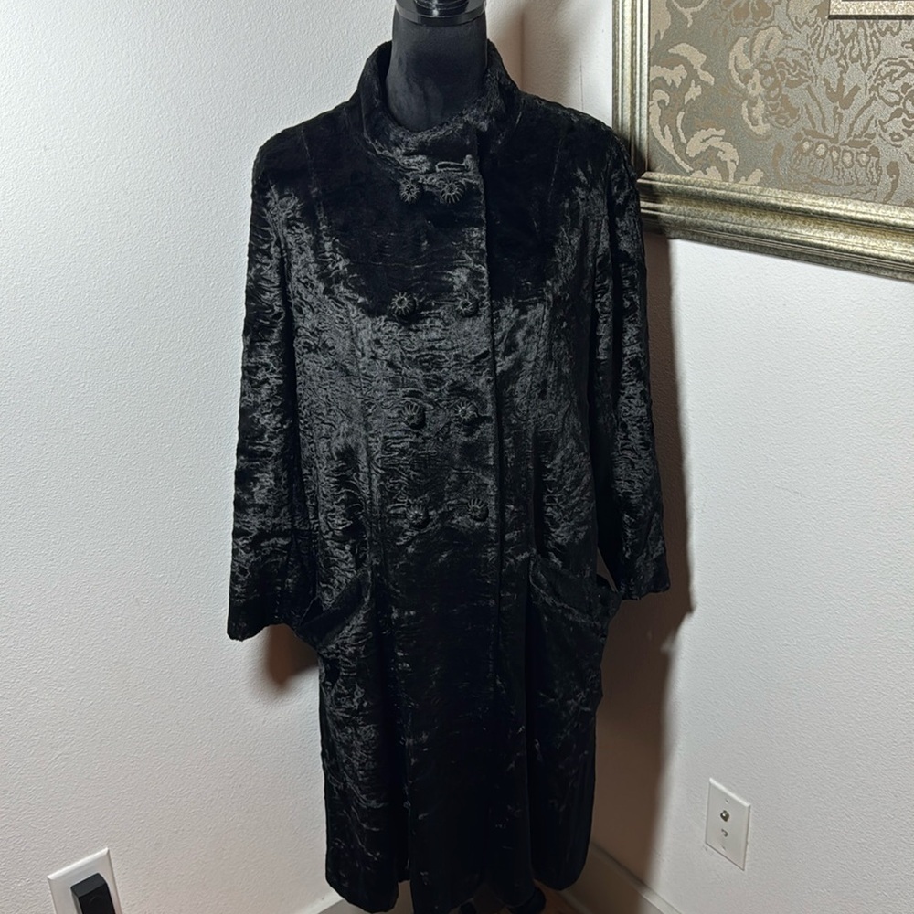 Vintage crushed black velvet over pea coat double button front high colar‎ Sz 8